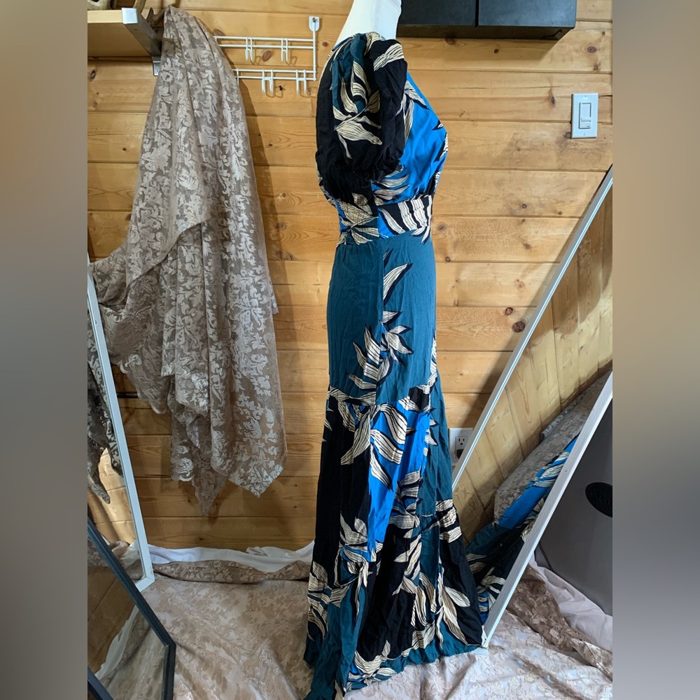Linen Tropical Tiered Maxi Dress Prairie Romantic Vacation Resort Luxe Size 10 - Picture 7 of 15